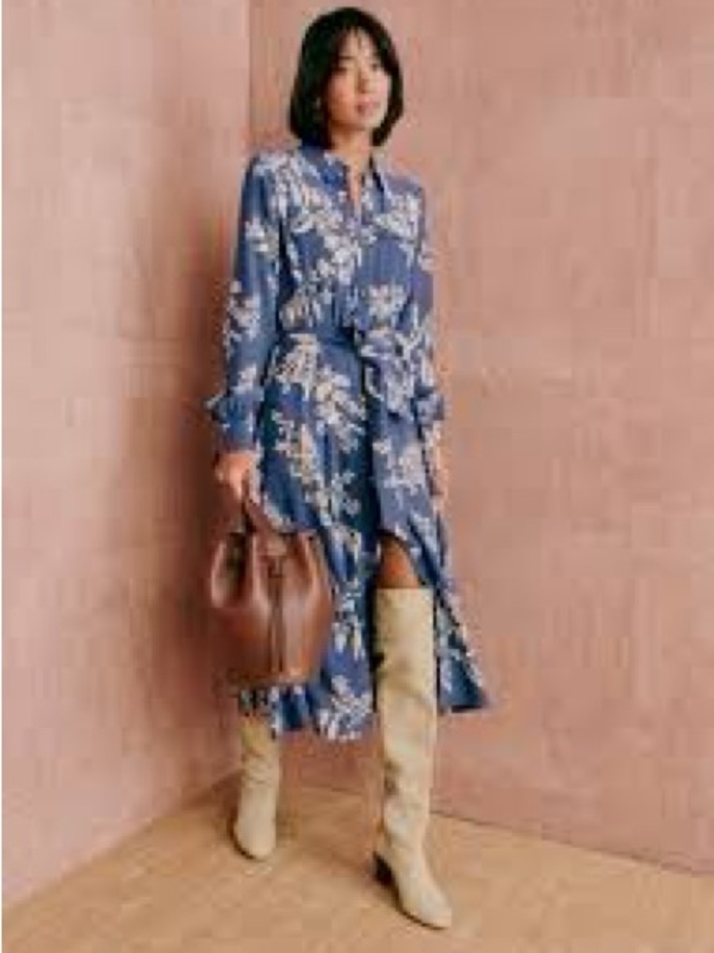 NWOT Sezane Long Blue Floral Rayon Long Maxi Shirt Dress Boho Cottagecore, L